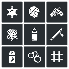 Vector Set of Police Icons. Sheriff, Law, Weapon, Ammunition, Neutralization, Pacification, Suppress, Arrest, Detention.