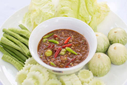 Paste chili with fresh vegetables, Thai traditional food.