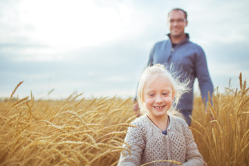 A little girl walks with his father on a yellow agricultural field