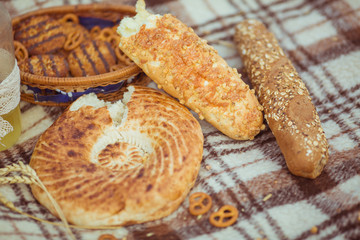 A lot of bread on a plaid in outdoors