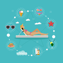 Fototapeta na wymiar Summer beach vacation concept vector illustration in flat style. Beautiful woman sun bathing in a lounge chair. Tropical holidays attributes.