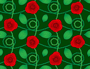 Rose red seamless pattern with leaves
