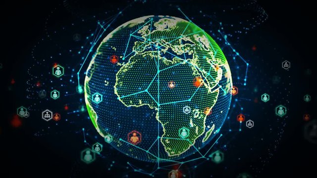 4K Digital World Networks of People Color - A stylized rendering of the earth as a digital entity conveying the idea of the modern digital age and global connectivity. Seamless Loop.