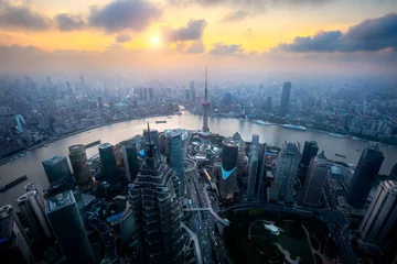 Crédence de cuisine en verre imprimé Shanghai Vue aérienne de shanghai, shanghai lujiazui finance et business district zone commerciale skyline
