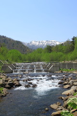 Obraz premium A mountain and river of the spring remaining snow