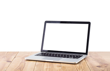 Front view of the laptop is on the work table, clipping path ins