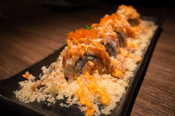 Salmon Sushi rolls on breaded - Japanese food