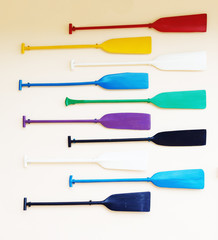 Colorful of Paddles and oars set. Sport rowing, travel kayaking,