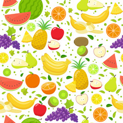 Seamless pattern of colorful cartoon fruits on a white background. Vector stock illustration.
