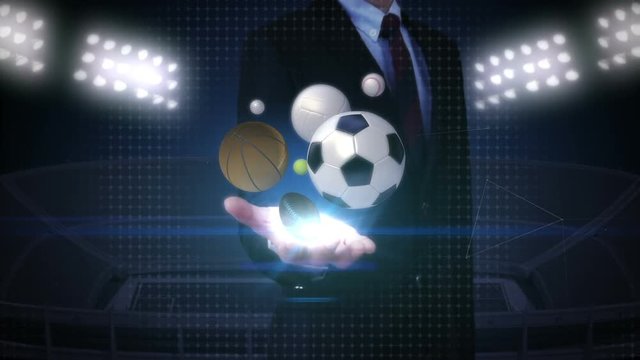 Businessman open palm, various sports ball, baseball, soccer ball, basketball, volleyball, tennis ball, rugby ball.