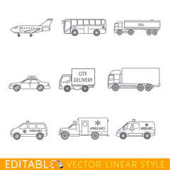 Transportation icon set include Jet Bus Oil truck Taxi City delivery Lorry and some Ambulance. Editable vector graphic in linear style.