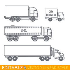 Transportation icon set include Long semi truck Road tanker City delivery van and Lorry. Editable vector graphic in linear style.