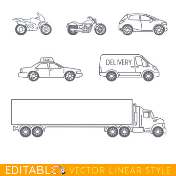 Transportation icon set include Long Semi Truck City delivery van Taxi Crossover Chopper and Street motorcycle. Editable vector graphic in linear style.
