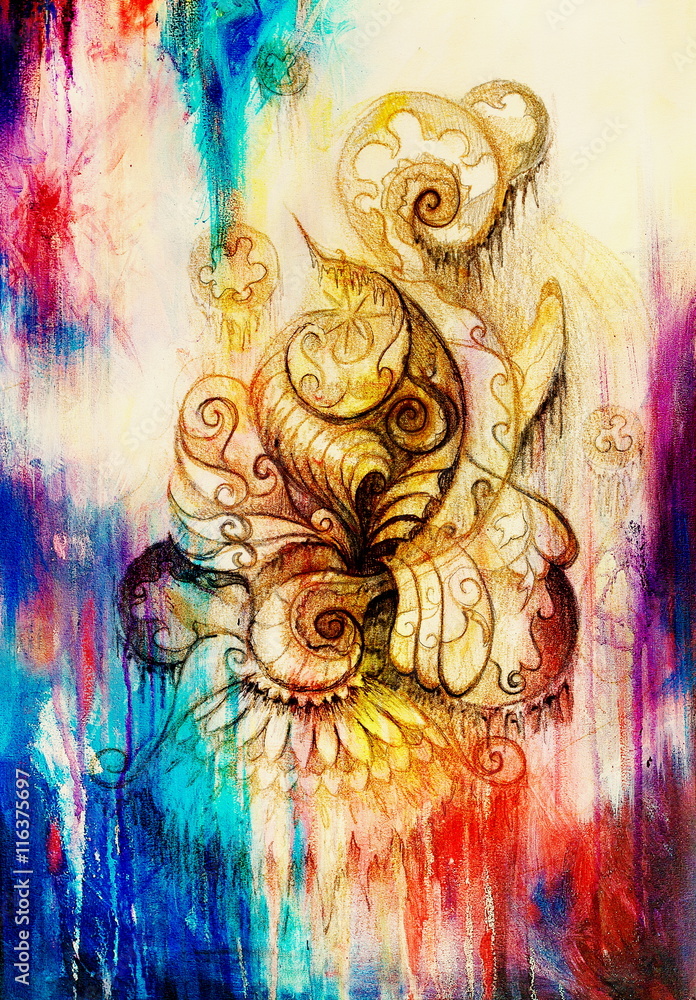 Aufkleber ornamental filigran drawing on paper with spirals, flower petals and flame structure pattern, Color effect and Computer collage.