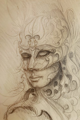 pencil drawing on paper, woman in ornamental venetian mask. 
