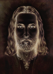 radiant Jesus Christ silhouette on dark background, eye contact.