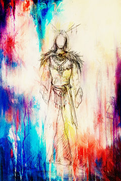 drawing of mystical indian woman in beautiful dress and color effect.