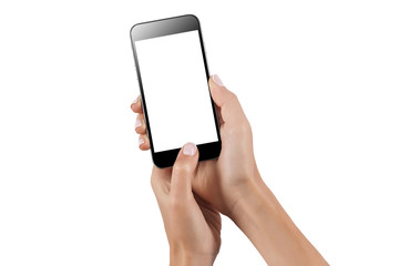 Mockup of feamle hand with a black cellphone with white screen isolated