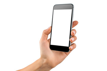 Mockup of feamle hand with a black cellphone with white screen isolated