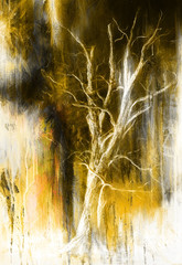 Painting tree in night landscape and abstract grunge background with spots, original hand draw and computer collage.