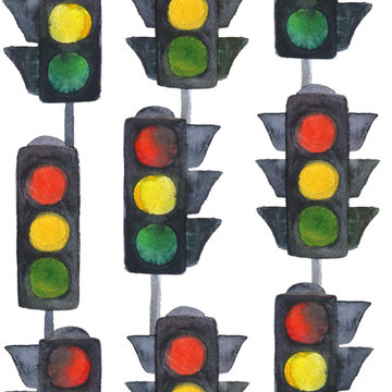 Traffic lights watercolor seamless pattern