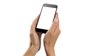Female hand holding black cellphone with white screen isolated