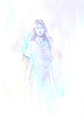 drawing of mystical angel woman in beautiful historic dress.