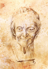 Fototapeta na wymiar drawing of philosopher voltaire sculpture on abstract background.