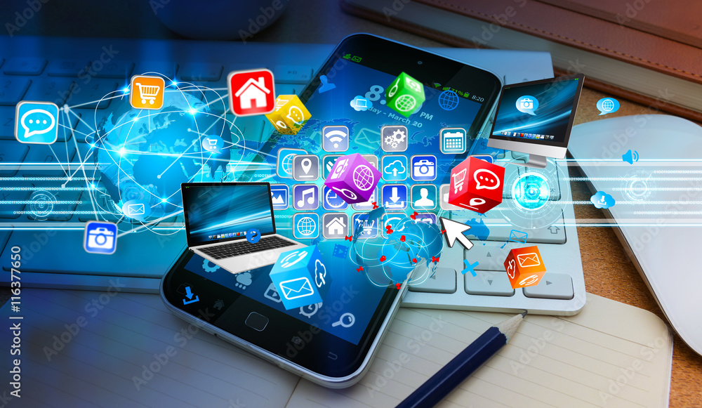 Poster tech devices connected to each other by mobile phone