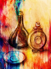 Obrazy na Plexi  Rysunek kolby i karafki do wina na papierze. Oryginalny rysunek dłoni i efekt kolorystyczny.