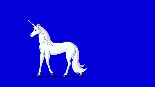 Fairy Tale Unicorn. Classic Disney Style UHD Animation on Chroma Key Blue Screen.