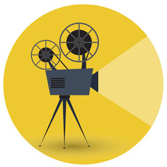 Retro movie projector on a yellow background. Flat vector illustration