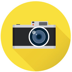 Fototapeta premium Reto photo camera on yellow background and long shadow, flat vector illustration