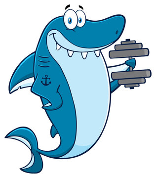 Smiling Blue Shark Cartoon Mascot Character Training With Dumbbells