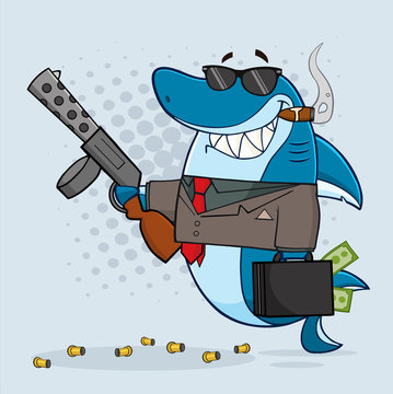 Smiling Shark Gangster Cartoon Mascot Character Carrying A Briefcase Holding A Big Gun And Smoking A Cigar