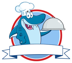 Chef Blue Shark Cartoon Mascot Character Holding A Platter Over A Ribbon Banner
