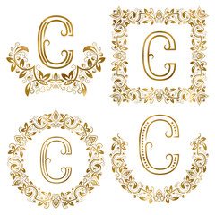 Golden C letter ornamental monograms set. Heraldic symbols in wreaths, square and round frames.