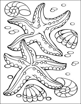 Page with black and white illustration of starfish for coloring. Developing children skills for drawing. Vector image.