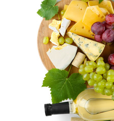 Wine with grapes and cheese, isolated on white