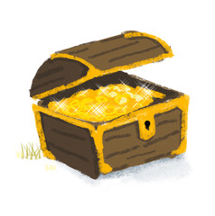 Cofre de madera con un tesoro repleto de oro. Buscar fortuna. © rosalerosa