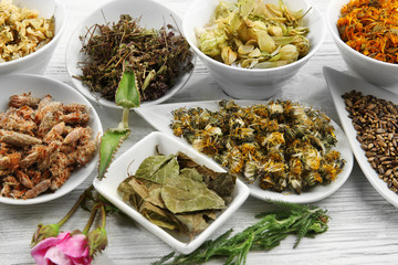 Natural flower and herb selection in ceramic bowls, close up