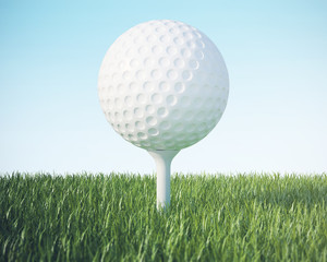 Golf ball on the green lawn, on blue sky background. 3d illustration High resolution