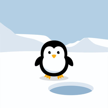 Penguin standing on white snow in Antarctica's winter background. Cute Penguin cartoon flat design vector illustration.