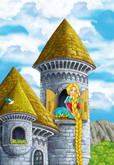 Cartoon scene of a princess - girl - sitting in the window - illustration for children © honeyflavour