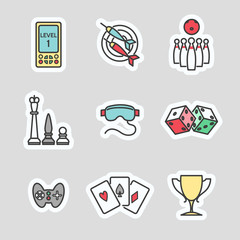 Colorful game stickers collection. Line icons vector set