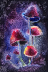 Magic mushrooms in dark background. Fantasy watercolor illustrat