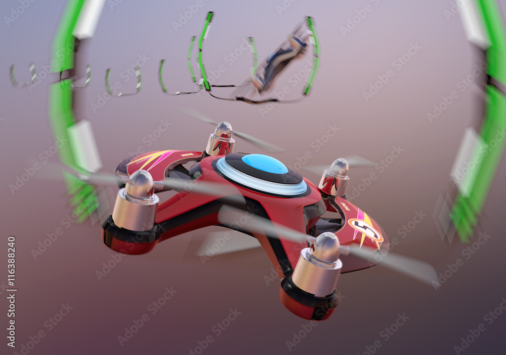 Aufkleber racing drones chasing in the sky. 3d rendering image.