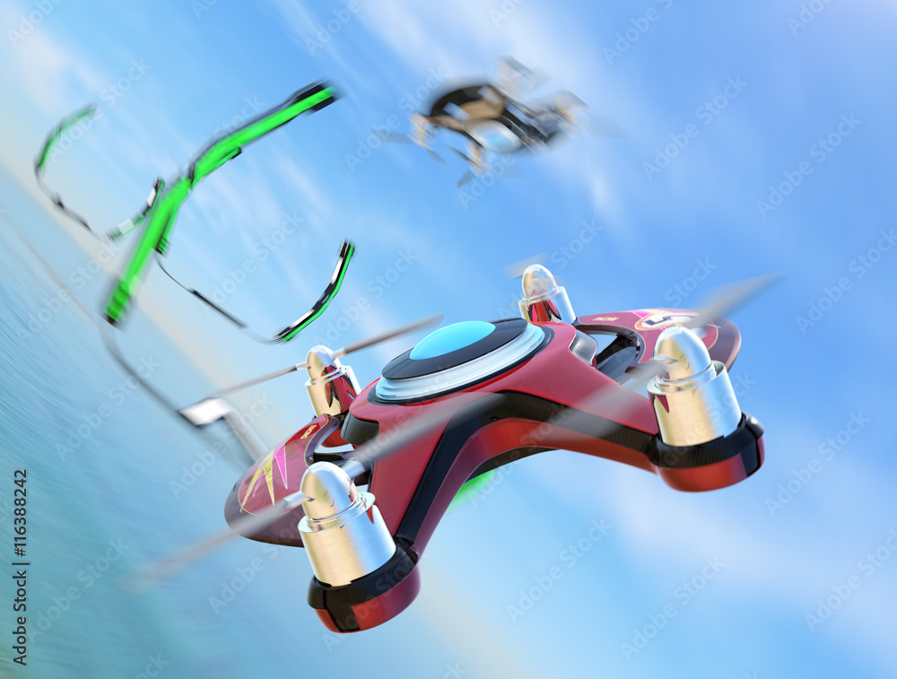 Poster racing drones chasing in the sky. 3d rendering image.
