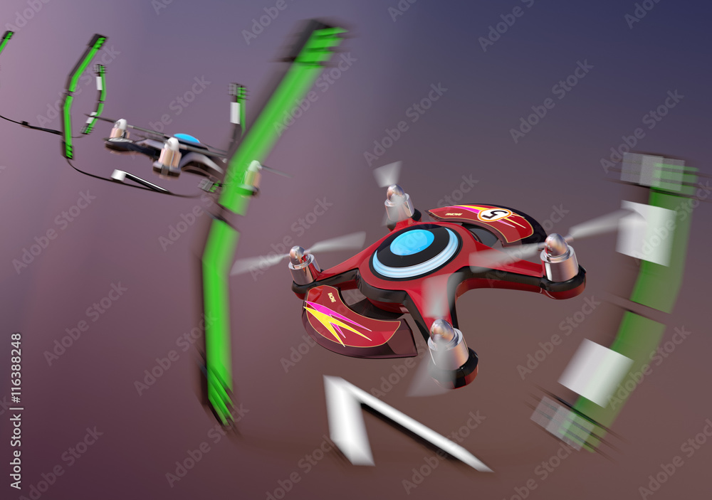 Aufkleber racing drones chasing in the sky. 3d rendering image.