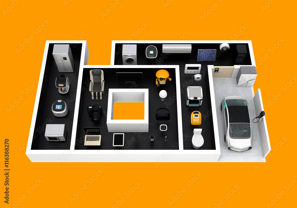 Aufkleber smart appliances in layout as 'iot'. internet of things concept for consumer products. 3d rendering 